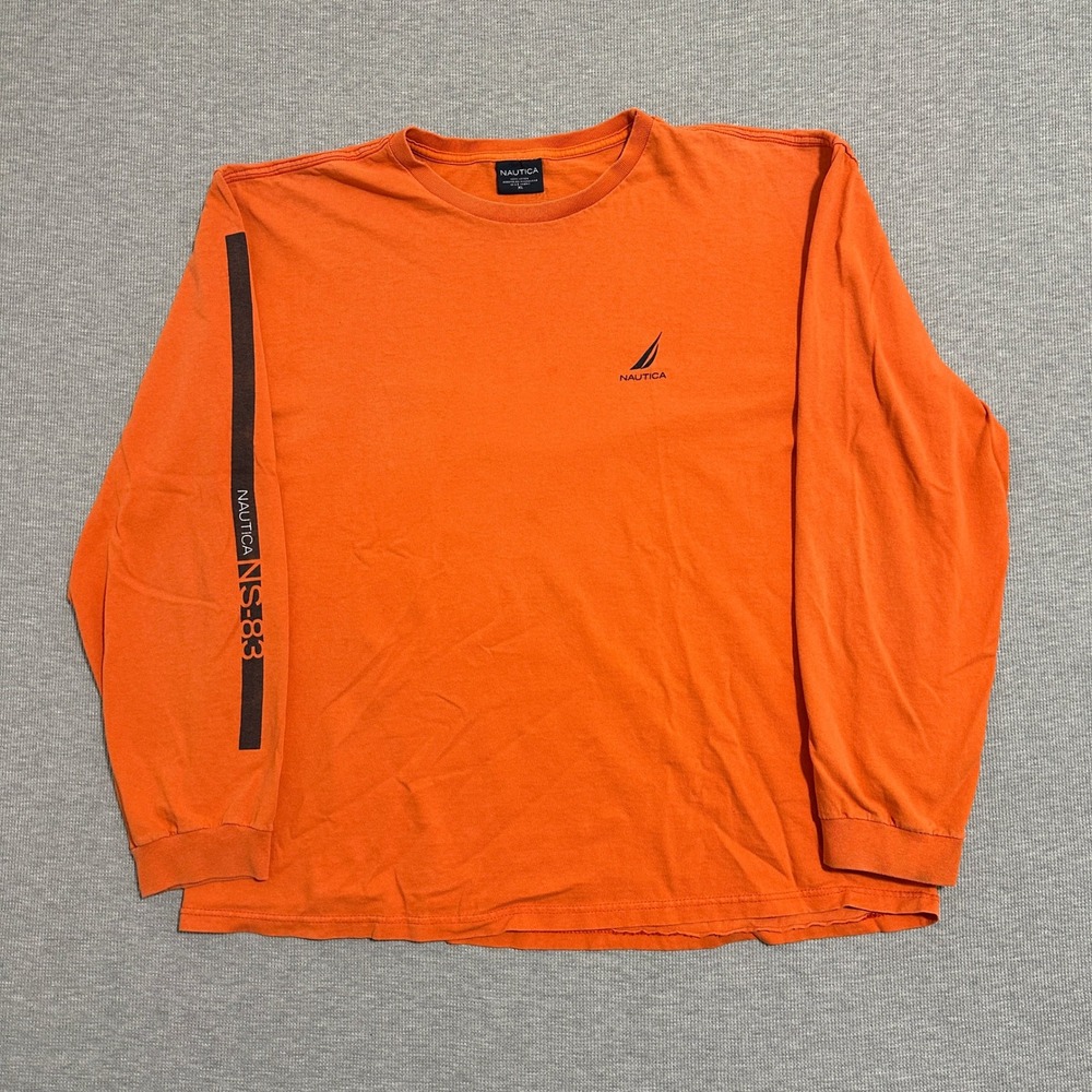 Nautica‎ Long Sleeve T Shirt NS 83 Sailboat Logo Graphic Orange Cotton Mens XL